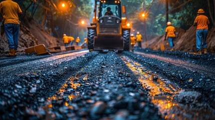 Road construction workers working together on asphalt laying work
