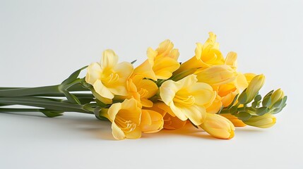 A bunch of yellow freesia flowers on white background, side view, high resolution photography, insanely detailed.