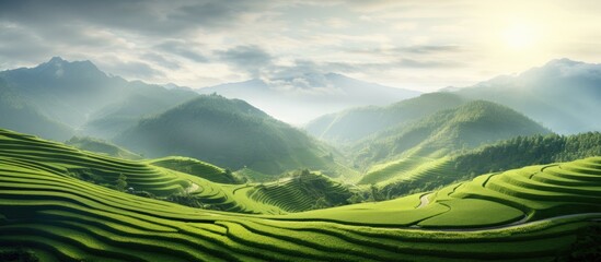 abstract curves of terrace fields on mountains. Creative banner. Copyspace image