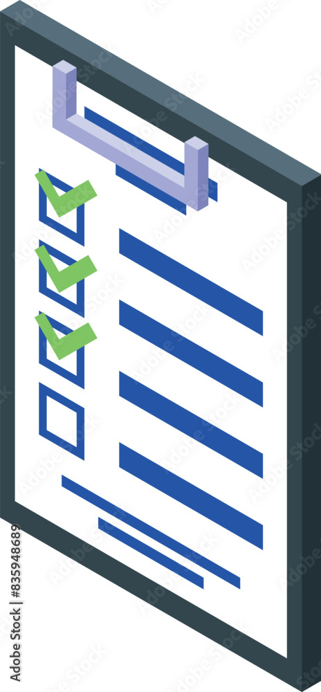 Poster 3d isometric icon of a checklist on a clipboard with green check marks, representing task completion