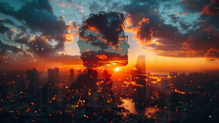 double exposure image of the business man standing back during sunrise overlay with cityscape image the concept of modern life business city life and internet of things. stock image