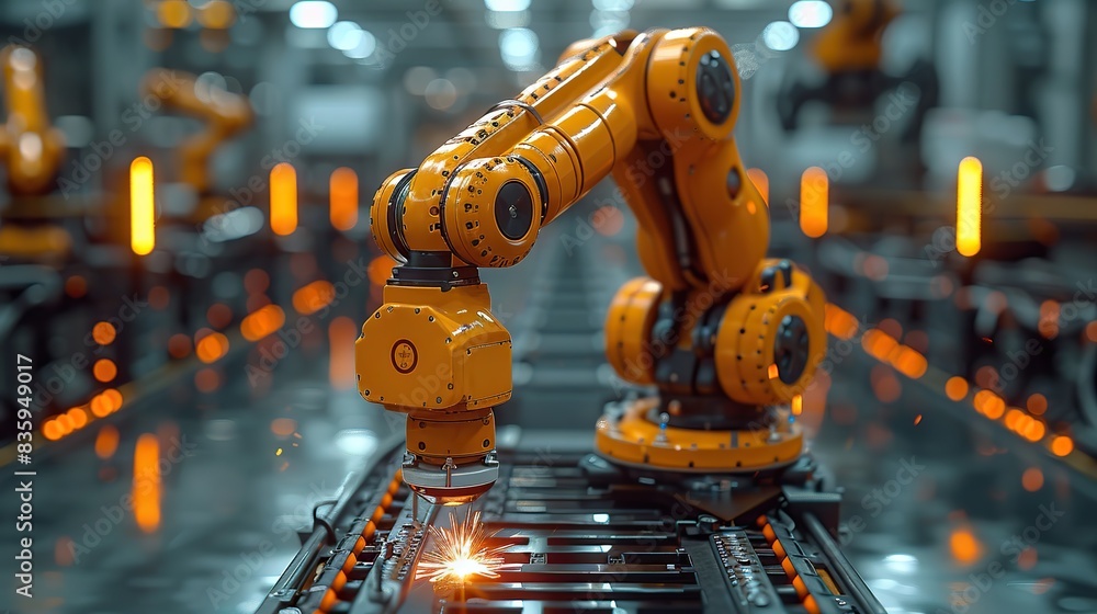 Poster control welding robotic arm system for digital industry using software connected to internet network in intelligent factory industrial with monitoring system.illustration