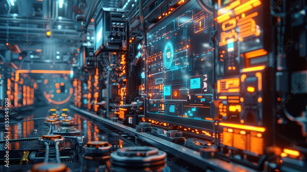 Poster advanced digital server room with futuristic interfaces