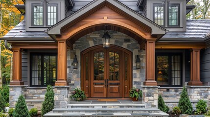 Cozy front porch with wooden doors and stone steps.