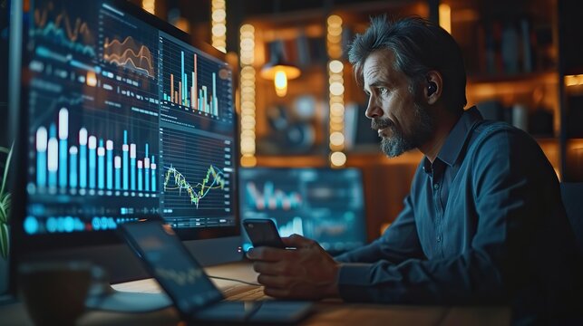 businessman work on computer and cellphone consider financial diagrams graphs male ceo or employee analyze finances statistics on laptop and smartphone .hight relustion - Powered by Adobe