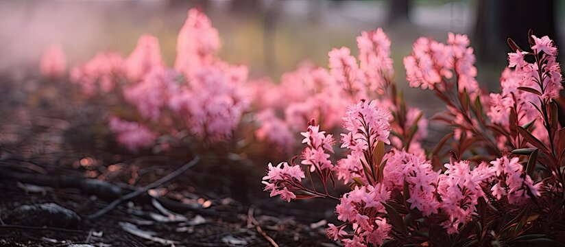 Close up of the pink flowers of burning bush Dictamnus albus growing at the edge of the forest. Creative banner. Copyspace image