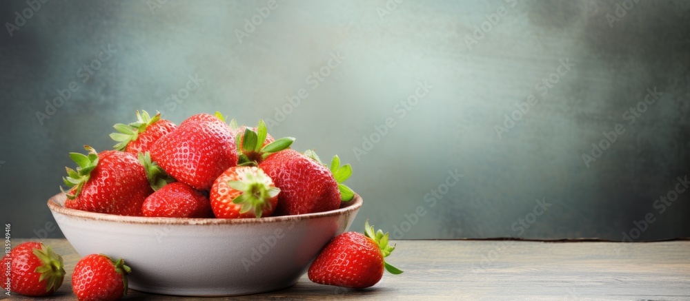 Poster Part of a dish with strawberry and some fallen red berries on old gray boards Close up horizontal shot. Creative banner. Copyspace image