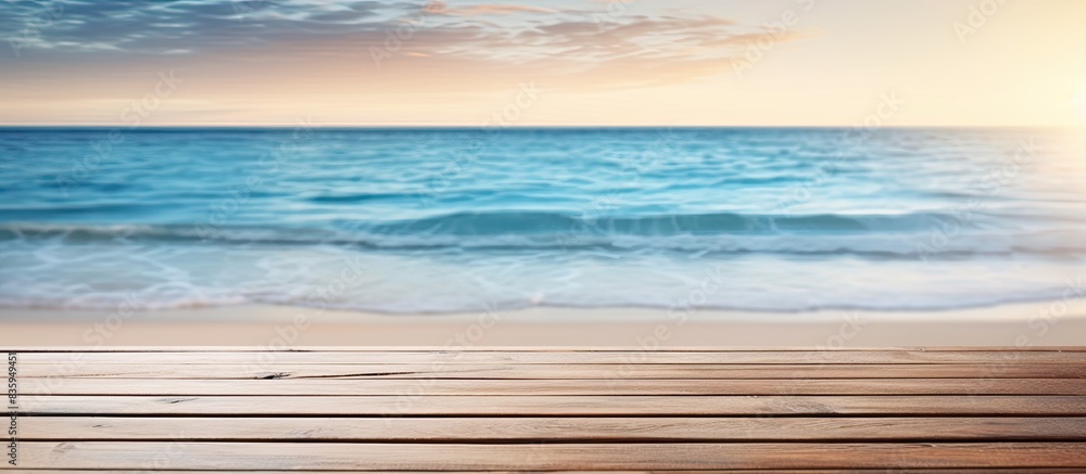 Aufkleber top of wood table with seascape and palm tree blur bokeh light of calm sea and sky at tropical beach
