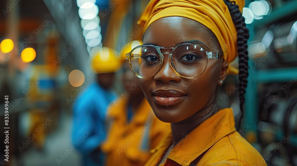 Poster boosting and improving manufacturing process efficiency in welding assembly line african american manufacturing process engineers team having discussion. stock image