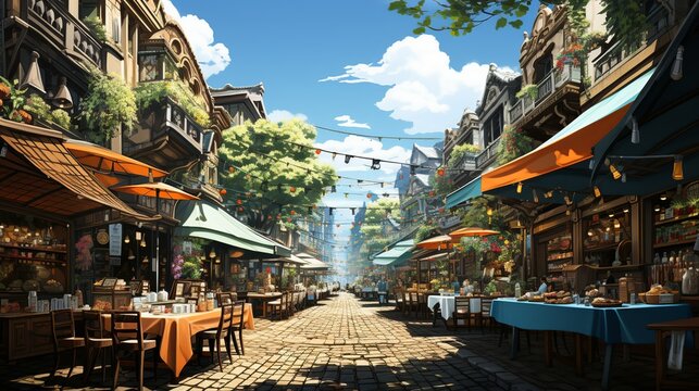 Colorful street food market scene bustling with vendors selling exotic dishes from around the world, a feast for the senses. Painting Illustration style, Minimal and Simple,