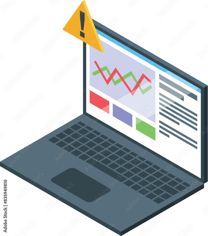 Poster 3d isometric illustration of an open laptop displaying charts with a warning flag symbol