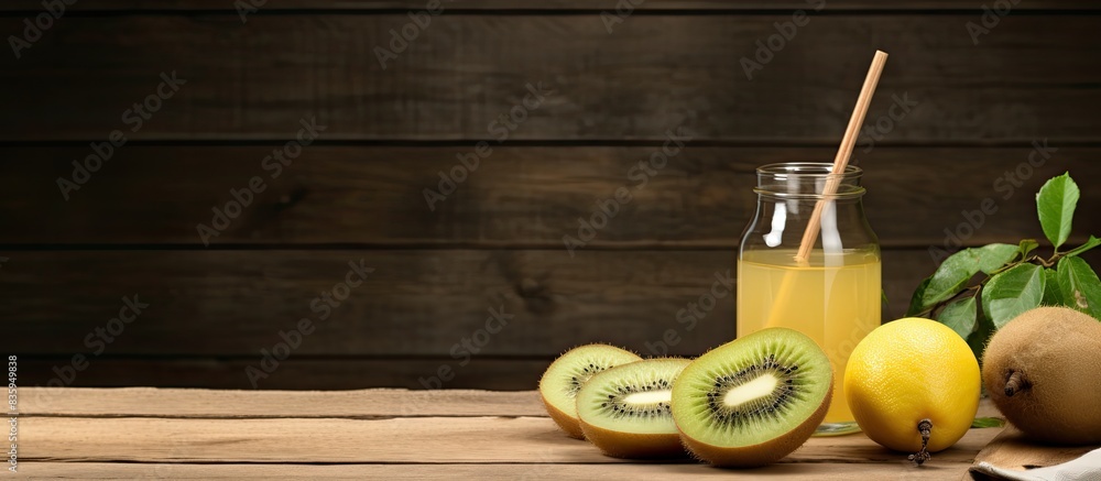 Poster lemon juice kiwi and business style on wooden table. creative banner. copyspace image