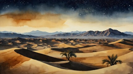 watercolor landscape of sunset in dune desert over the mountains, wallpaper painting background