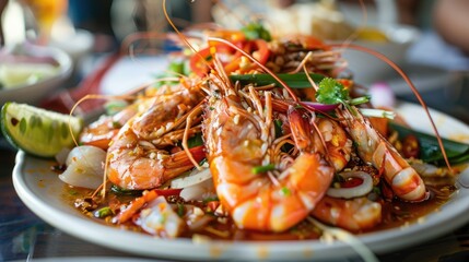 A spicy and tangy som tam talay ruam salad featuring a variety of seafood and crunchy vegetables.