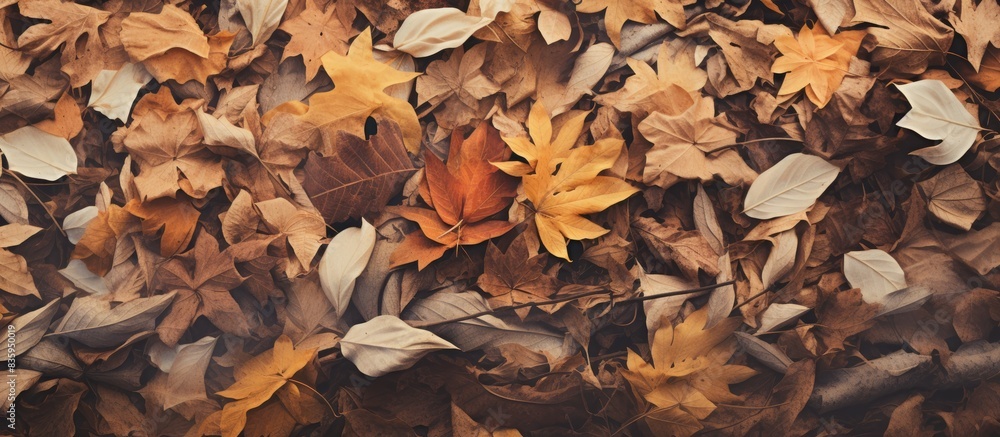 Poster fallen leaves that have dried brown in color in the photo in the flower garden. creative banner. cop