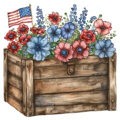 Watercolor illustration of a rustic wooden box filled with 4th of July-themed flowers and American flags.