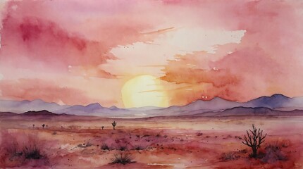 Watercolor desert sunset, soft pink hues over mountain silhouettes, a peaceful backdrop evoking the quiet charm of the desert at dusk