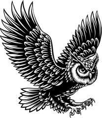 An owl mascot bird with wings spread flying illustration in a vintage woodcut style