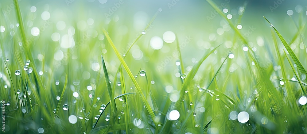 Aufkleber Nature shots of garden in spring Macro of grass with water drops and flying bokeh perfect for screensaver. Creative banner. Copyspace image