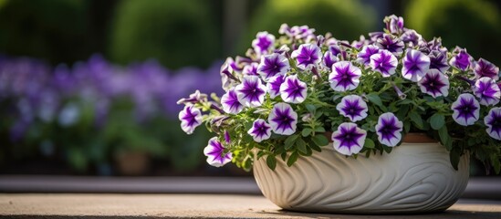 Colorful petunia flowers close up in the garden flower arrangement of purple petunias with dark veins and white calibrachoa in the garden. Creative banner. Copyspace image