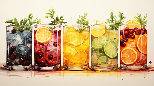 Festive cocktail hour with colorful drinks served in elegant glassware and garnished with fresh fruit and herbs, a celebration of flavor and creativity. Painting Illustration style, Minimal and