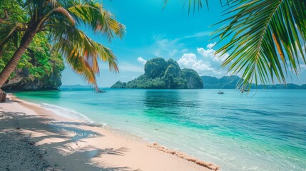 Tropical beach with palm trees, turquoise water, clear sky