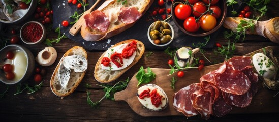 Bread Brushetta or authentic traditional spanish tapas set for lunch table Sharing antipasti on...