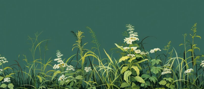 Green background of weed plants Iva xanthiifolia Cyclachaena xanthiifolia giant sumpweed marsh elder. Creative banner. Copyspace image