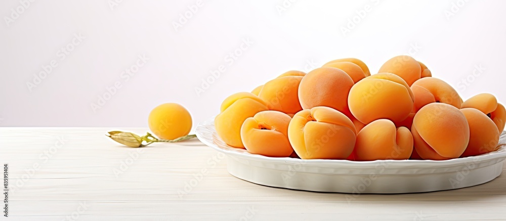 Poster fresh apricots in a cut with a stone on a plate on a white table. creative banner. copyspace image