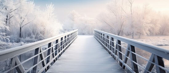 Wooden bridge in perspective The bridge is covered with hoarfrost. Creative banner. Copyspace image