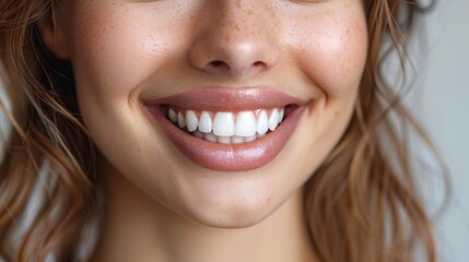 Obraz premium beautiful smiling woman with clean skin natural make up and white teeth on grey background .hight relustion