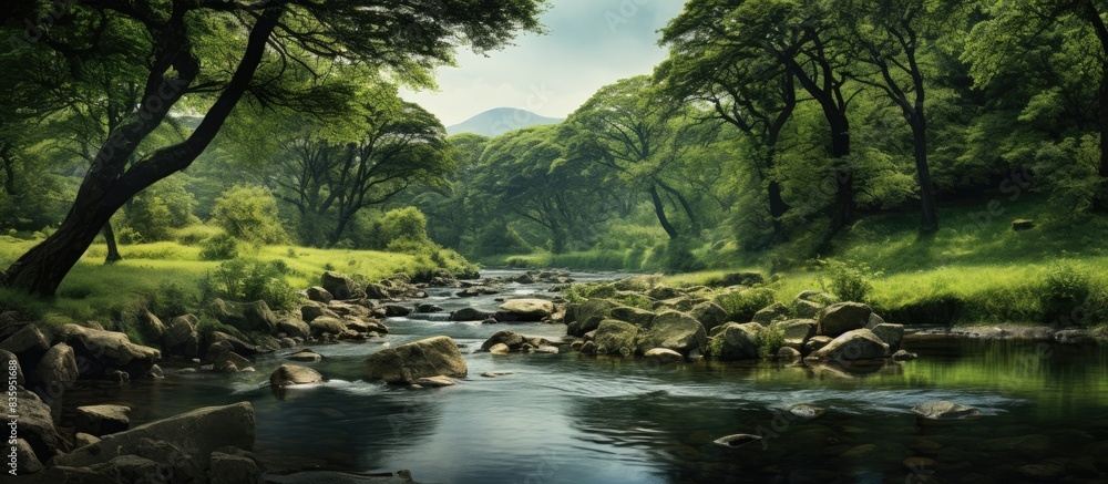 Poster gently flowing stream in the countryside. creative banner. copyspace image