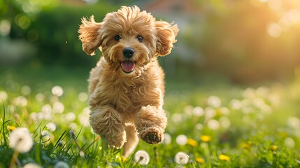 A happy and playful cavoodle puppy running through the lush green grass in front of an idyllic house, with dandelions and flowers blooming around it.