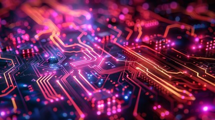 Obraz premium Futuristic circuit design with vibrant lights and copy space,
