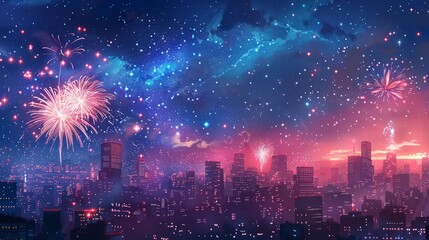 Fireworks display over a city skyline, night sky, celebration
