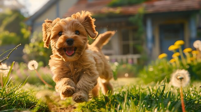 A happy and playful cavoodle puppy running through the lush green grass in front of an idyllic house, with dandelions and flowers blooming around it.