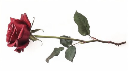 Red rose with long stem on white backdrop