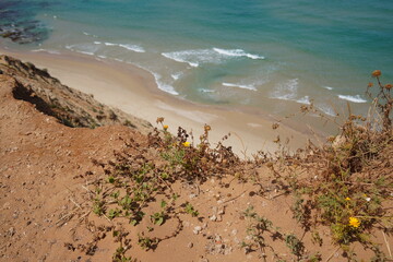 Mediterranean sea in spring.  Deserted shorekurkar sandstone cliff nature reserve, high above the Mediterranean sea coastline between Herzliya and Netanya towns, Israel.
