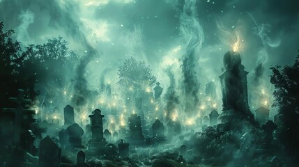 Graveyard with glowing spirits, Fantasy, Dark and ethereal colors, Digital art, Creating a mystical and eerie atmosphere