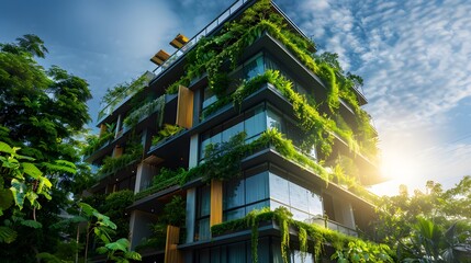 Fototapeta premium A modern building with greenery growing on the walls, symbolizing sustainable architecture and environmental attention.