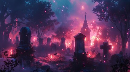 Graveyard with glowing spirits, Fantasy, Dark and ethereal colors, Digital art, Creating a mystical and eerie atmosphere