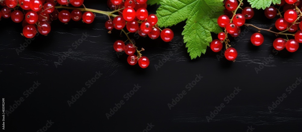 Poster berry theme red currant and leaves on black table background top view copyspace
