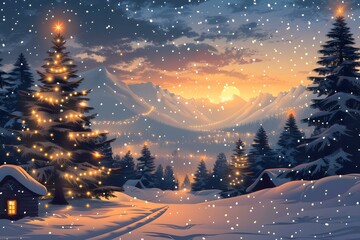 Naklejka premium Christmas Tree in Snowy Village