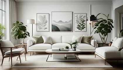 The couch is white, the chairs are green, and there is a variety of plants throughout the room beautiful living room interior with a white sofa and paintings, featuring modern decor and vibrant artwor