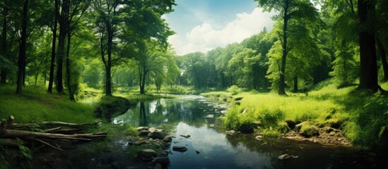 Obraz premium View on a green forest at summer. Creative banner. Copyspace image
