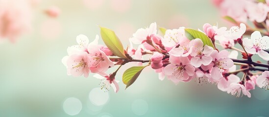 Pink flowers and green background. Creative banner. Copyspace image
