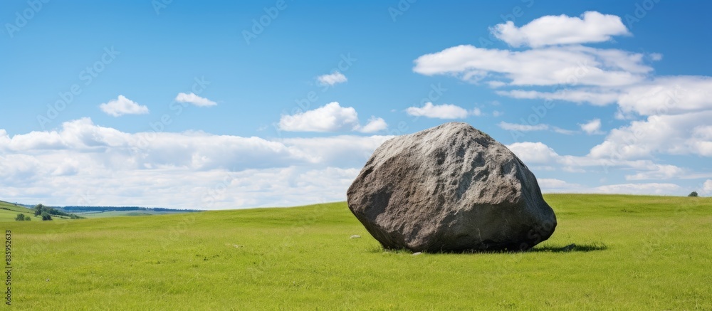 Poster big shimmering stone on a background of blue sky and green grass. creative banner. copyspace image