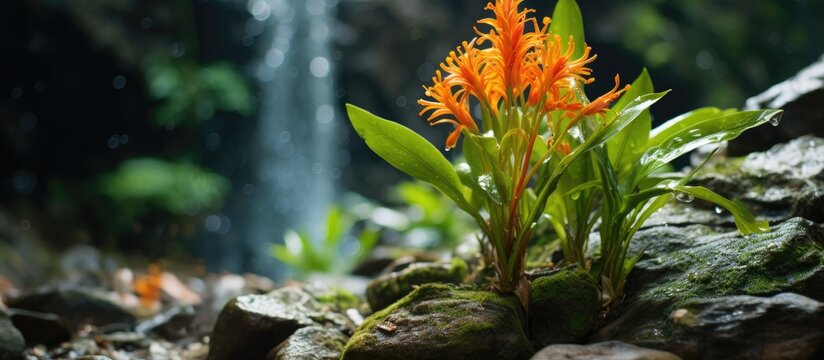 Bush of the Hedychium coronarium on the stones of the waterfall. Creative banner. Copyspace image