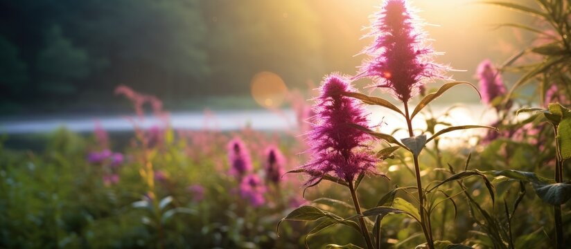 This is Cyanthillium Cinereum also known as little ironweed plant it blooming in the morning at the garden. Creative banner. Copyspace image