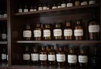 old medicine cabinet and bottles of medicines